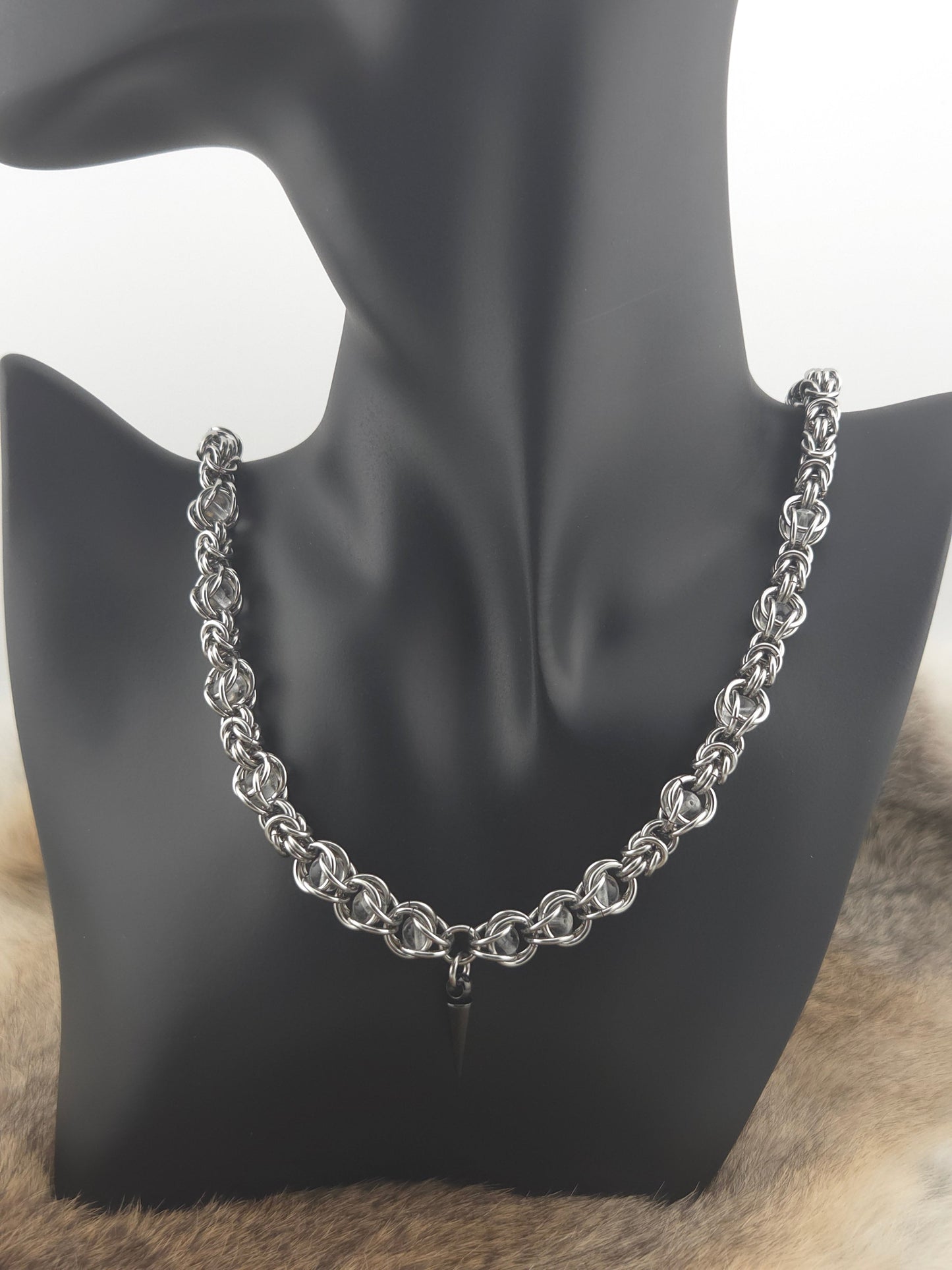 22" Stainless Steel Byzantine Chainmail Necklace with Captured Clear Beads Foxweave Studios