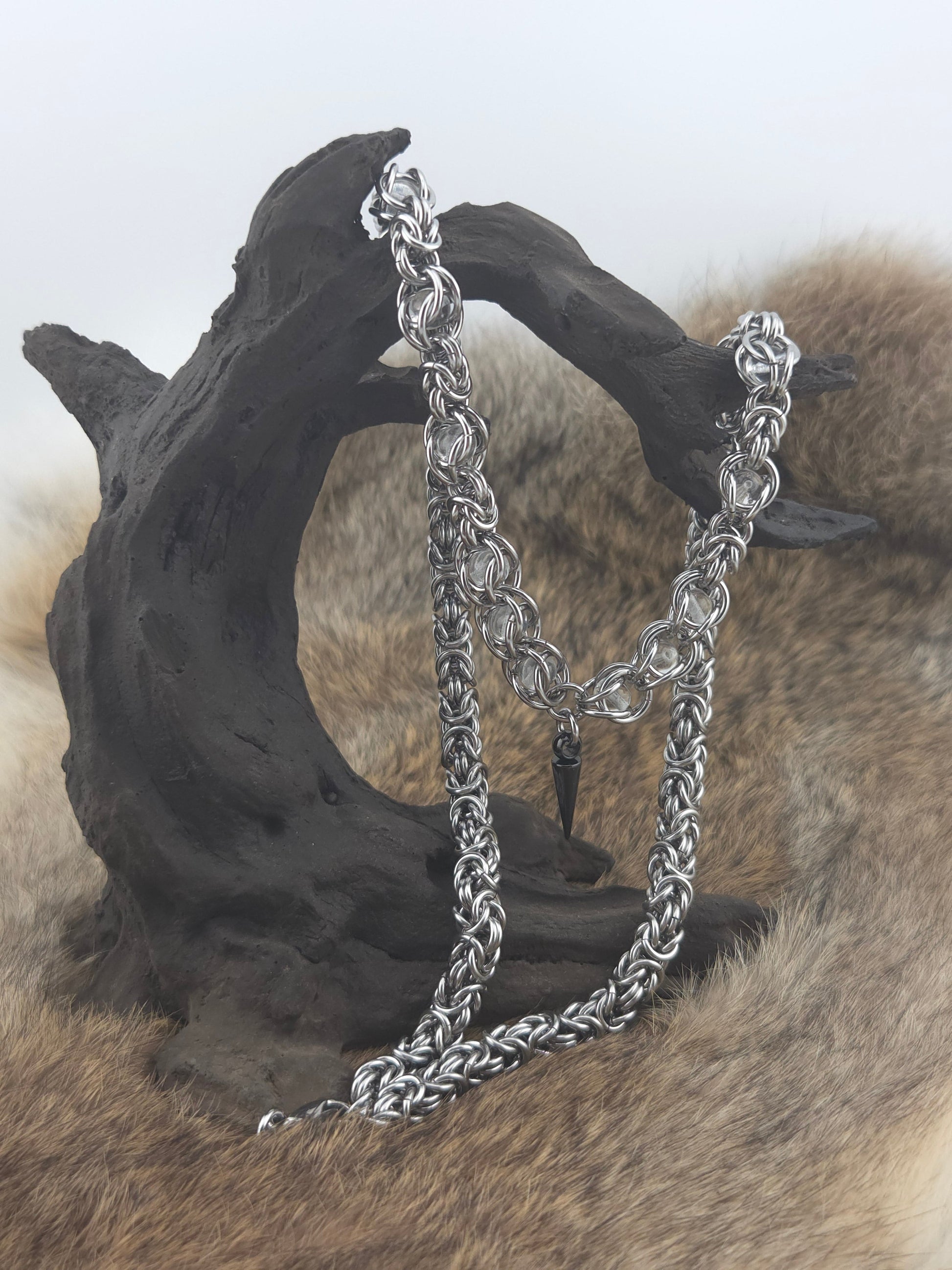 22" Stainless Steel Byzantine Chainmail Necklace with Captured Clear Beads Foxweave Studios