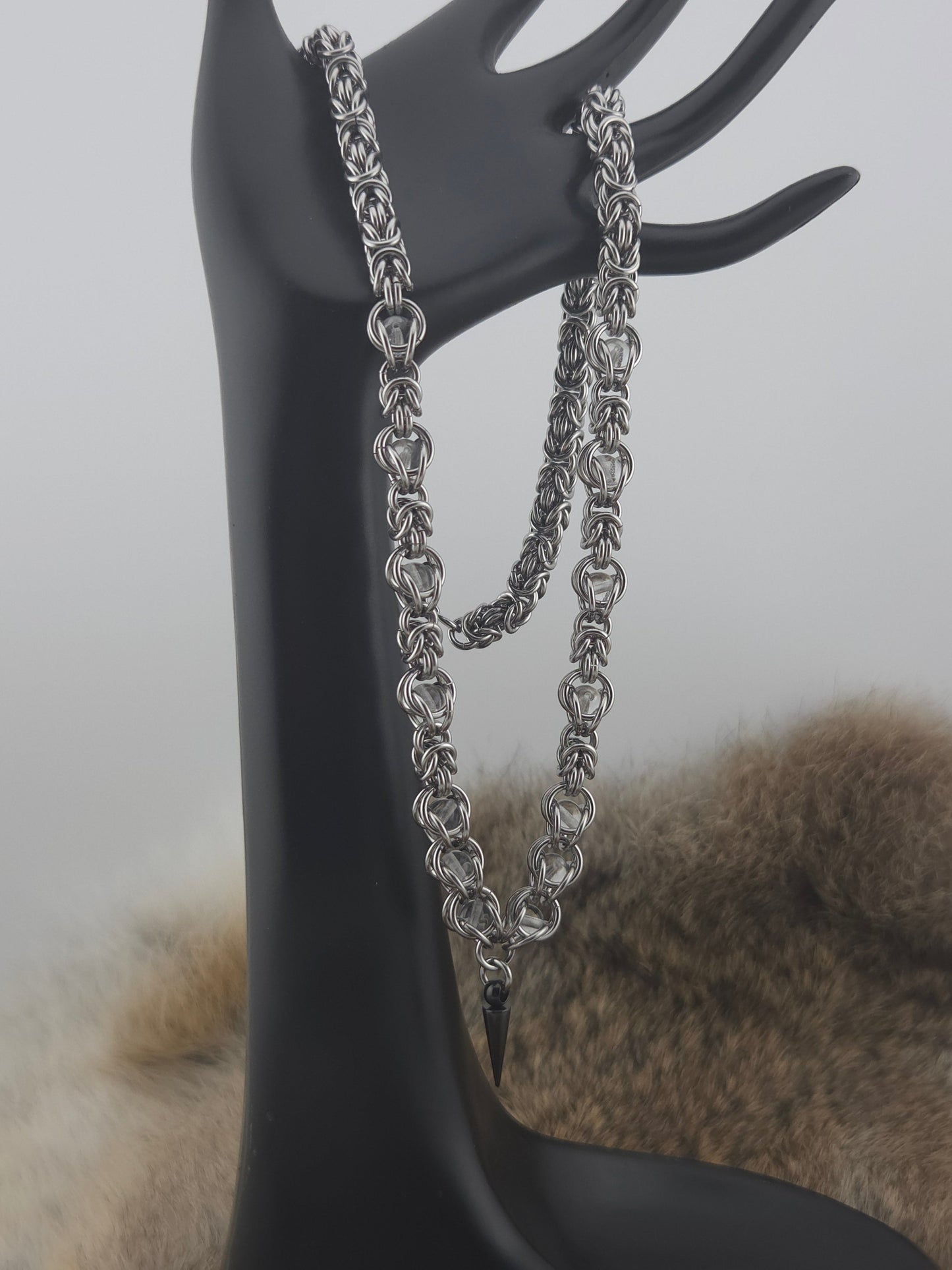 22" Stainless Steel Byzantine Chainmail Necklace with Captured Clear Beads Foxweave Studios