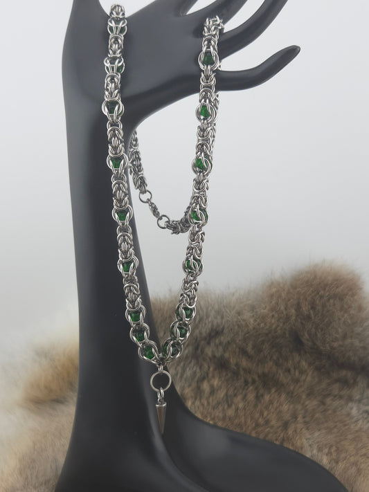 22" Stainless Steel Byzantine Chainmail Necklace with Captured Green Beads Foxweave Studios