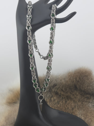 22" Stainless Steel Byzantine Chainmail Necklace with Captured Green Beads