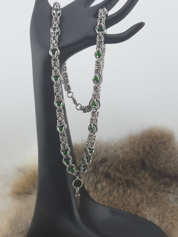 22" Stainless Steel Byzantine Chainmail Necklace with Captured Green Beads