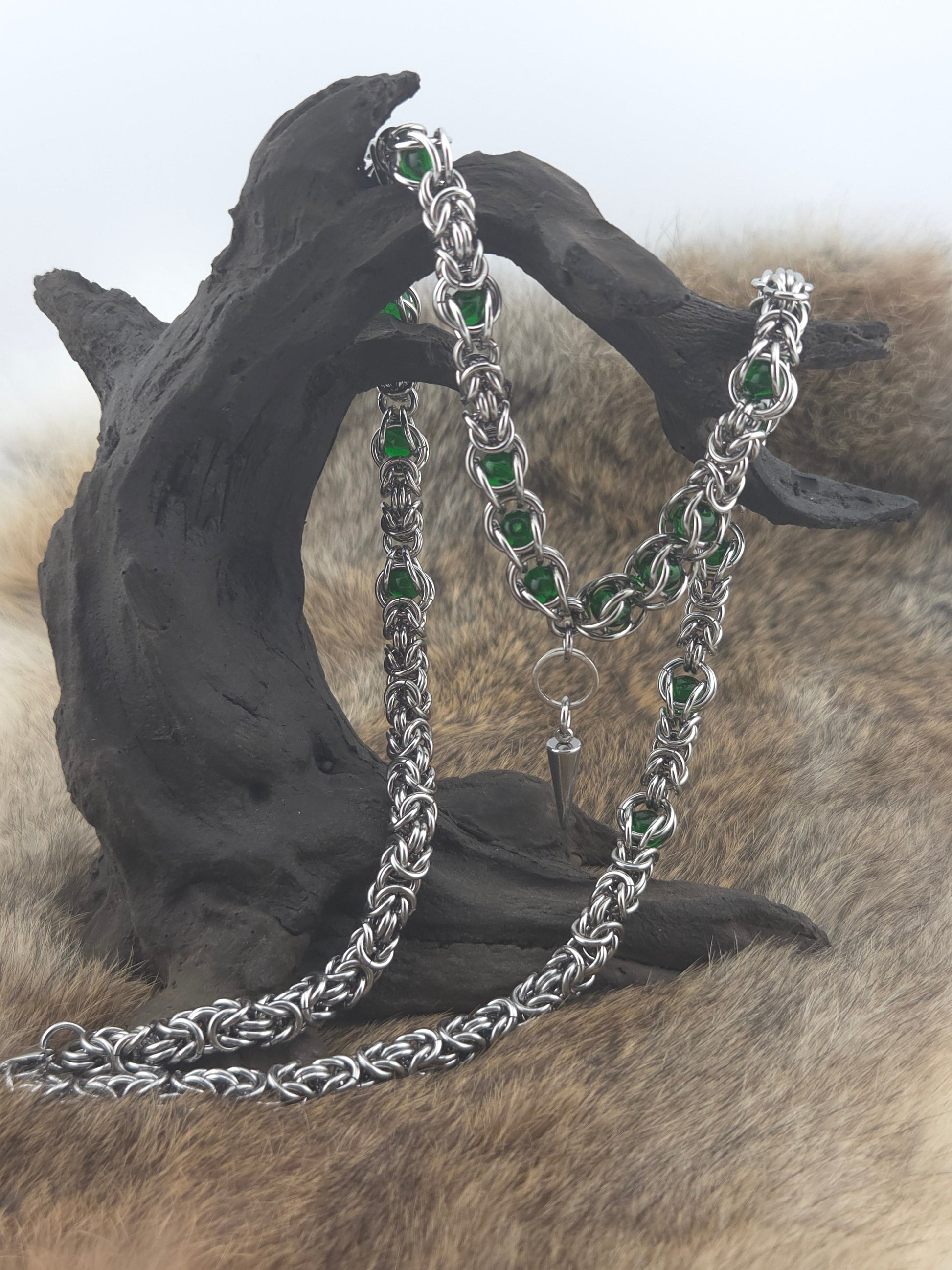 22" Stainless Steel Byzantine Chainmail Necklace with Captured Green Beads Foxweave Studios