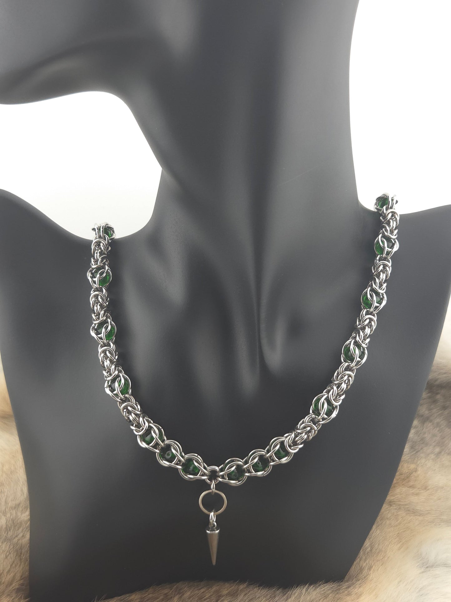 22" Stainless Steel Byzantine Chainmail Necklace with Captured Green Beads Foxweave Studios