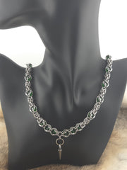 22" Stainless Steel Byzantine Chainmail Necklace with Captured Green Beads