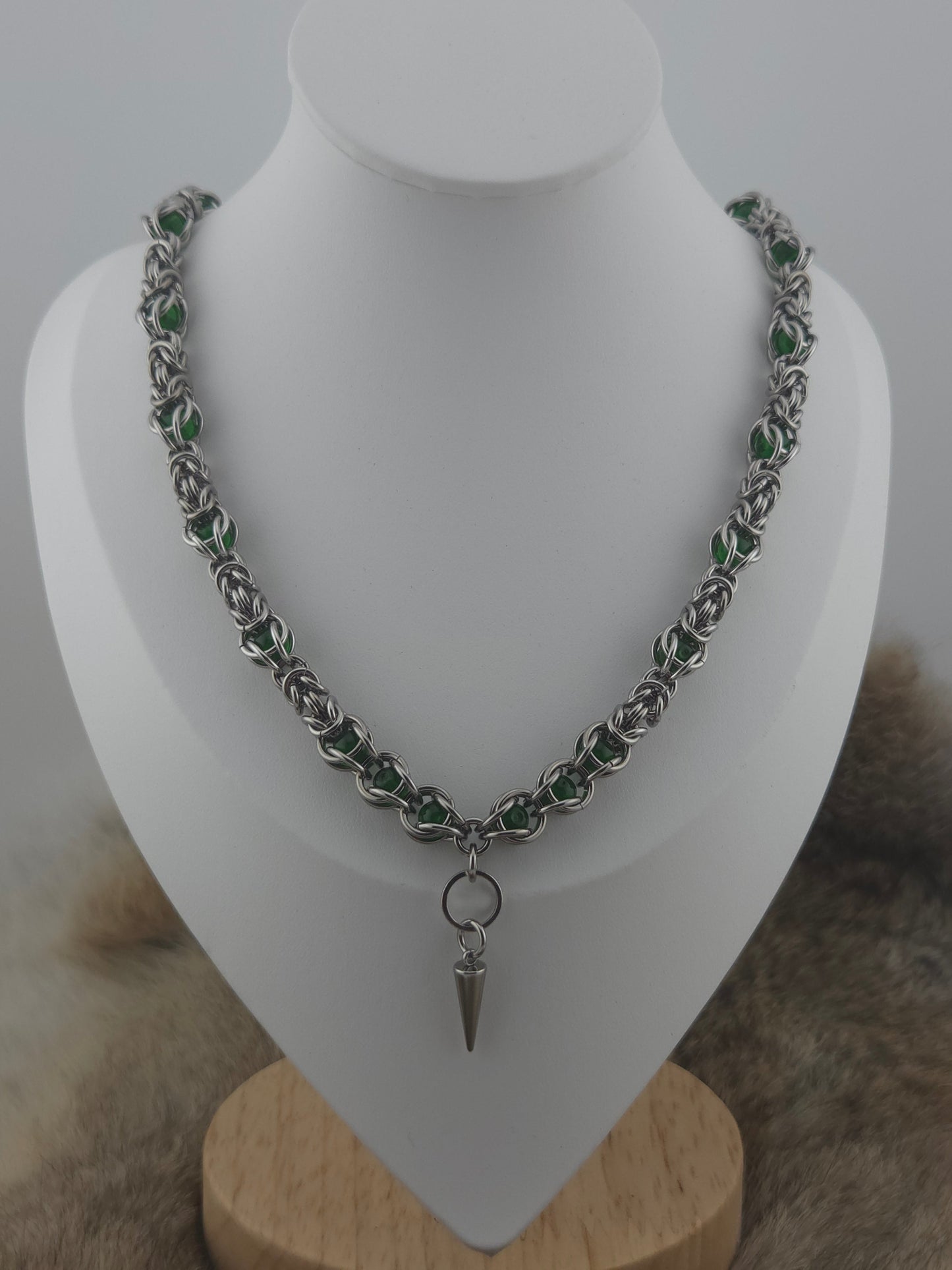 22" Stainless Steel Byzantine Chainmail Necklace with Captured Green Beads Foxweave Studios