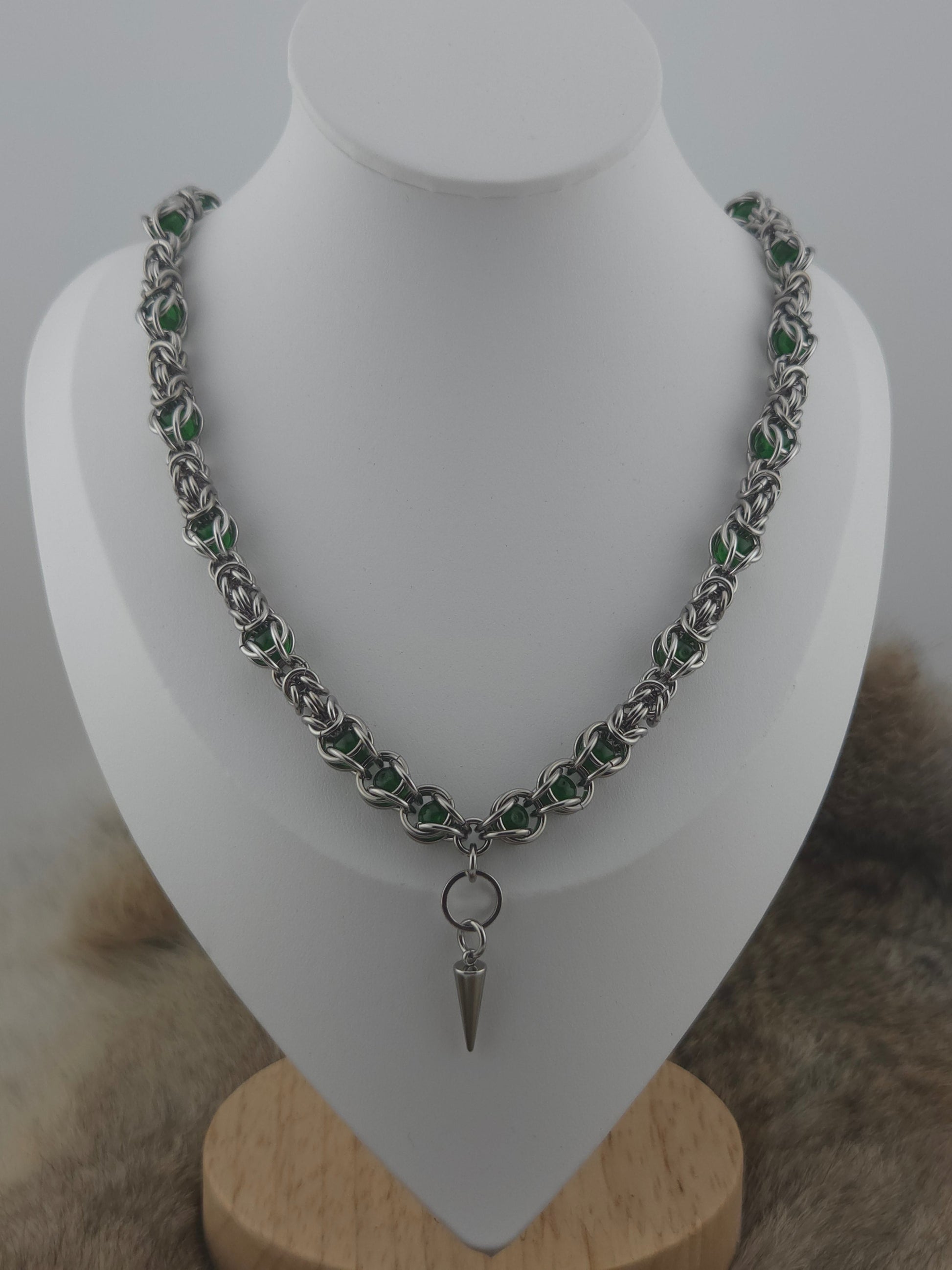 22" Stainless Steel Byzantine Chainmail Necklace with Captured Green Beads Foxweave Studios