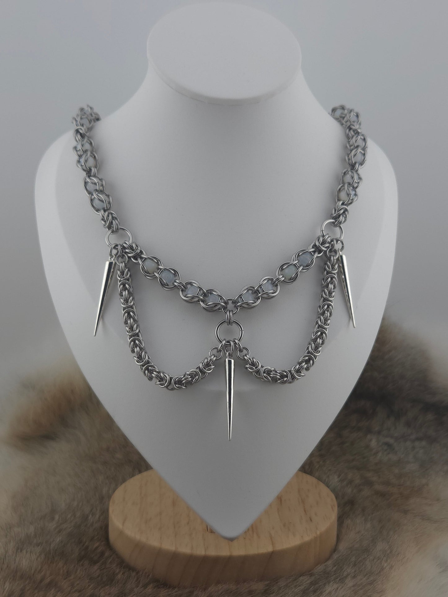 22" Stainless Steel Byzantine Chainmail Necklace with Captured Opaline Beads and Steel Spikes Foxweave Studios