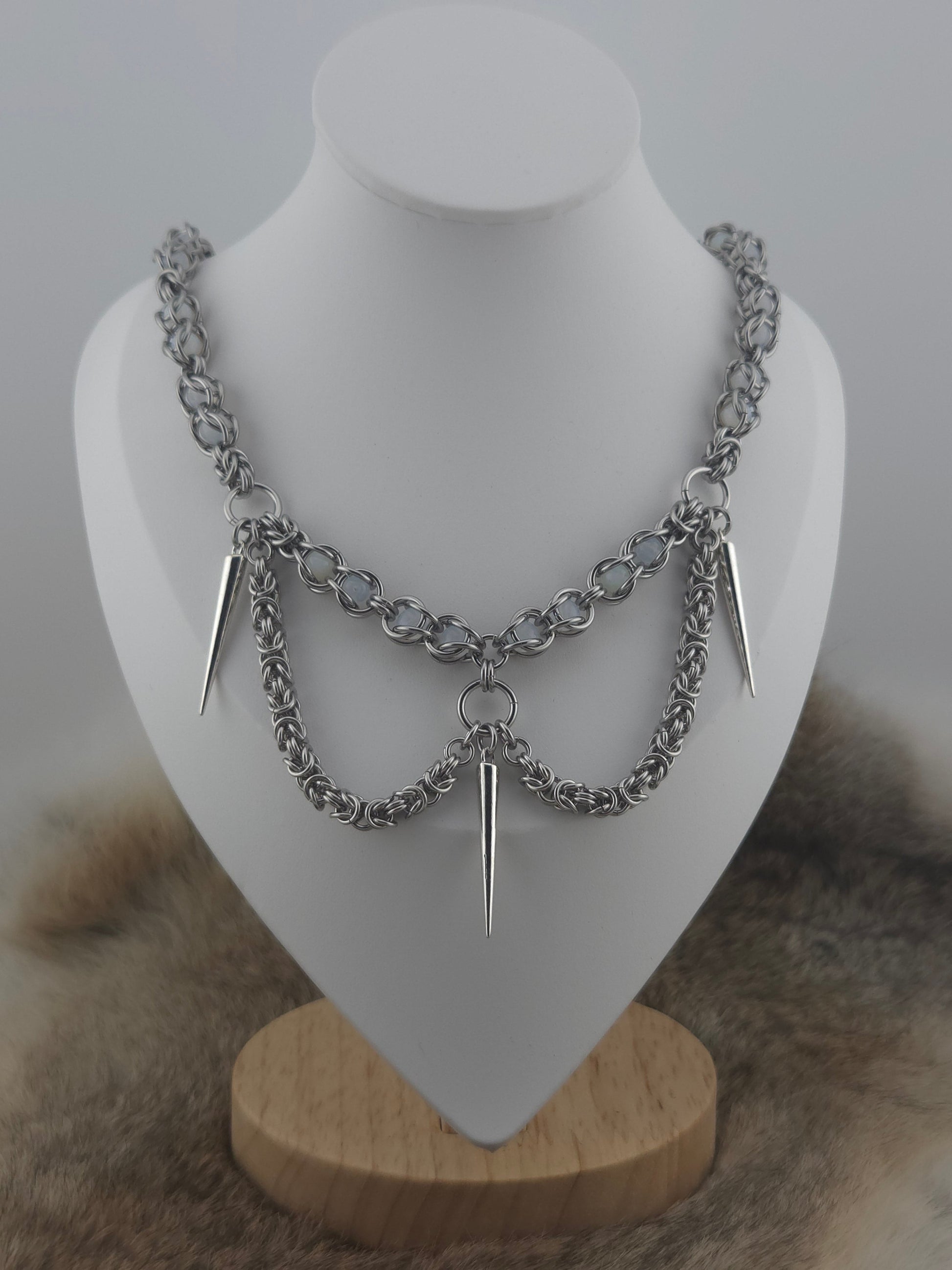 22" Stainless Steel Byzantine Chainmail Necklace with Captured Opaline Beads and Steel Spikes Foxweave Studios