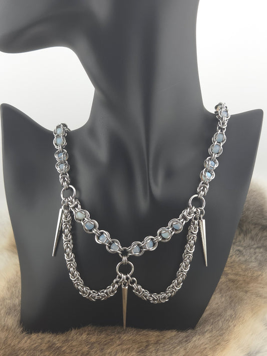 22" Stainless Steel Byzantine Chainmail Necklace with Captured Opaline Beads and Steel Spikes Foxweave Studios