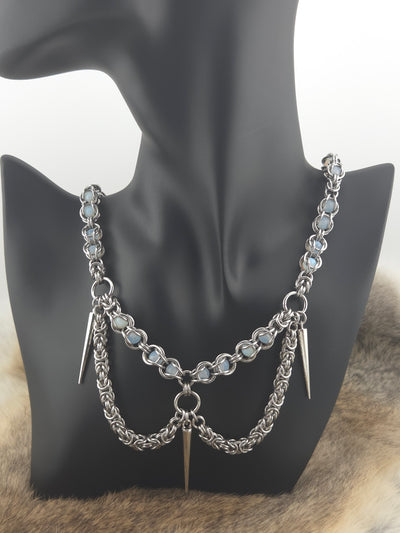 22" Stainless Steel Byzantine Chainmail Necklace with Captured Opaline Beads and Steel Spikes