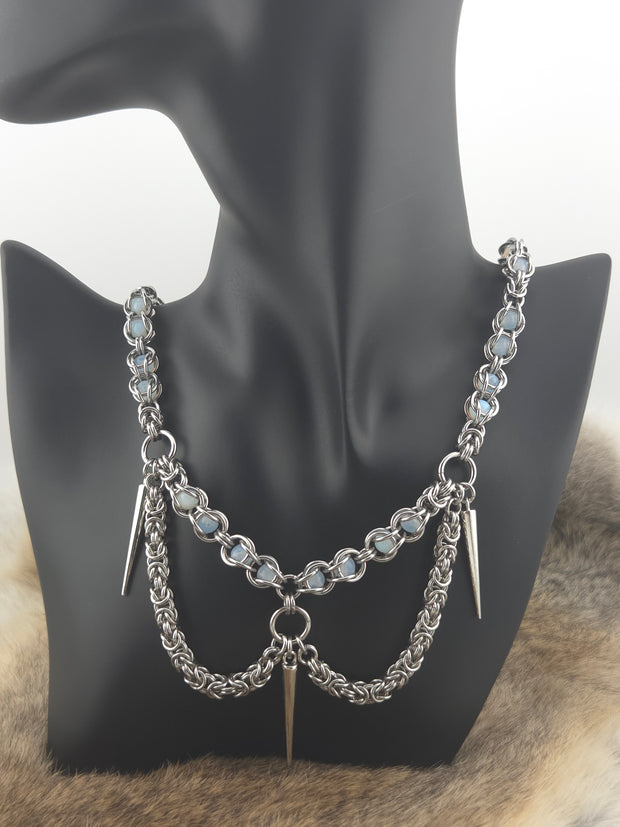 22" Stainless Steel Byzantine Chainmail Necklace with Captured Opaline Beads and Steel Spikes