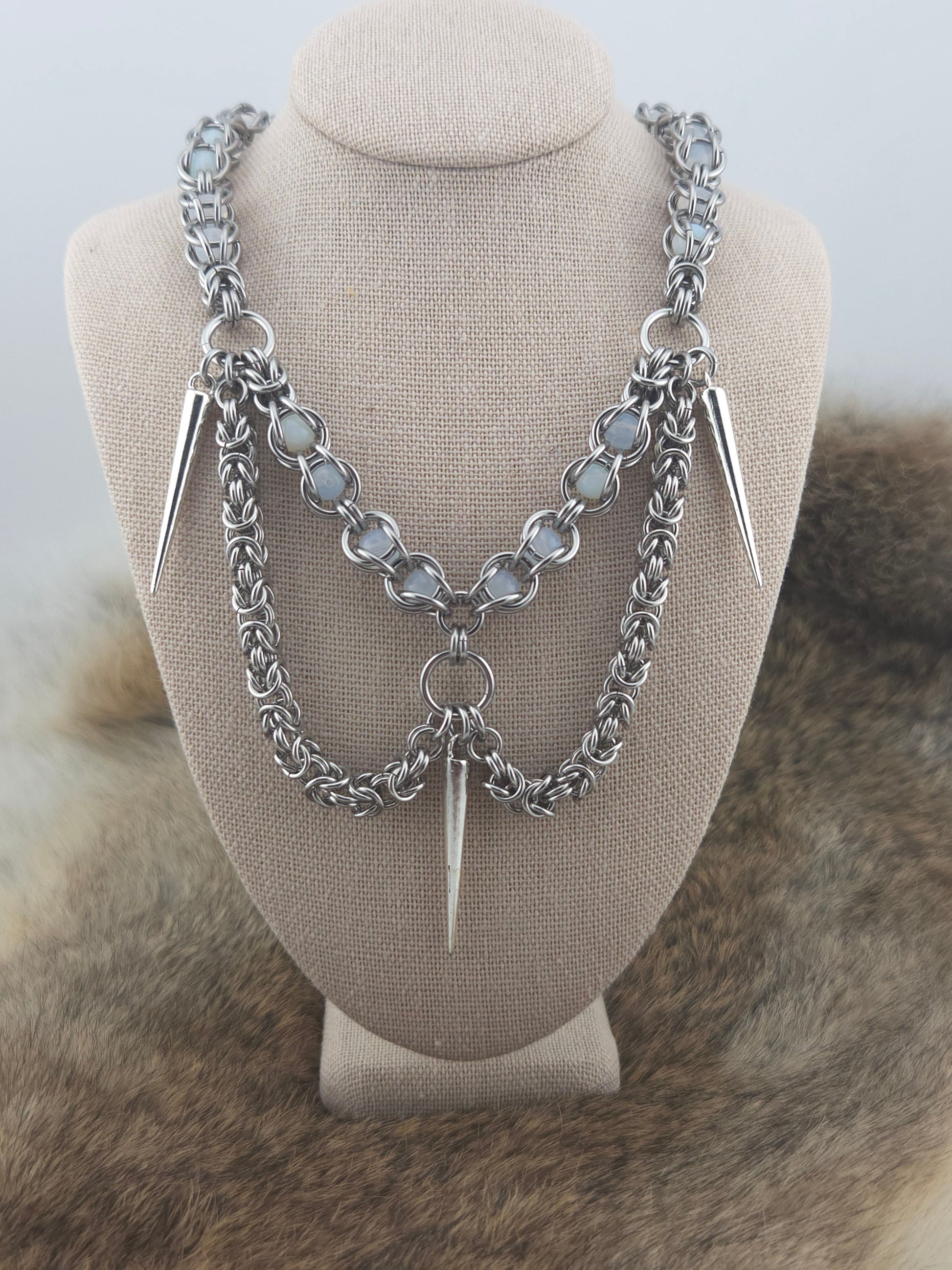 22" Stainless Steel Byzantine Chainmail Necklace with Captured Opaline Beads and Steel Spikes Foxweave Studios