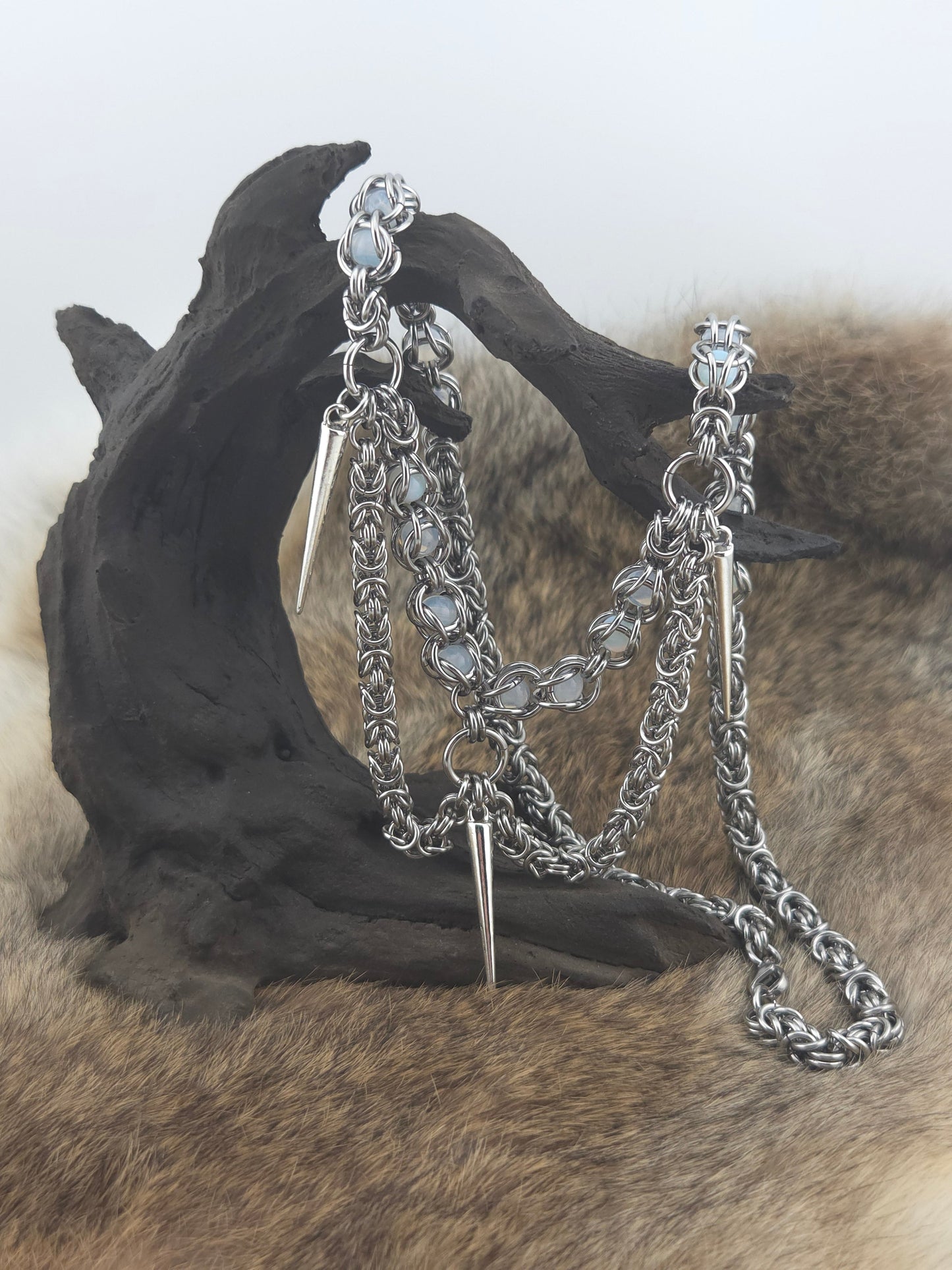 22" Stainless Steel Byzantine Chainmail Necklace with Captured Opaline Beads and Steel Spikes Foxweave Studios