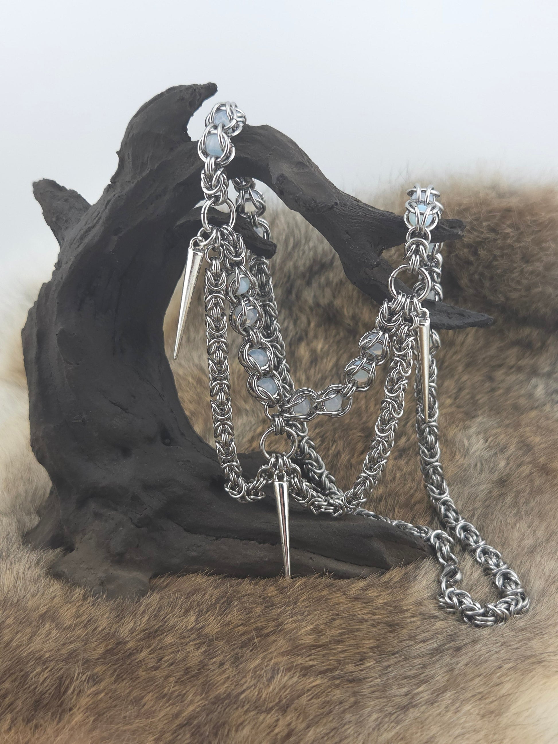 22" Stainless Steel Byzantine Chainmail Necklace with Captured Opaline Beads and Steel Spikes Foxweave Studios