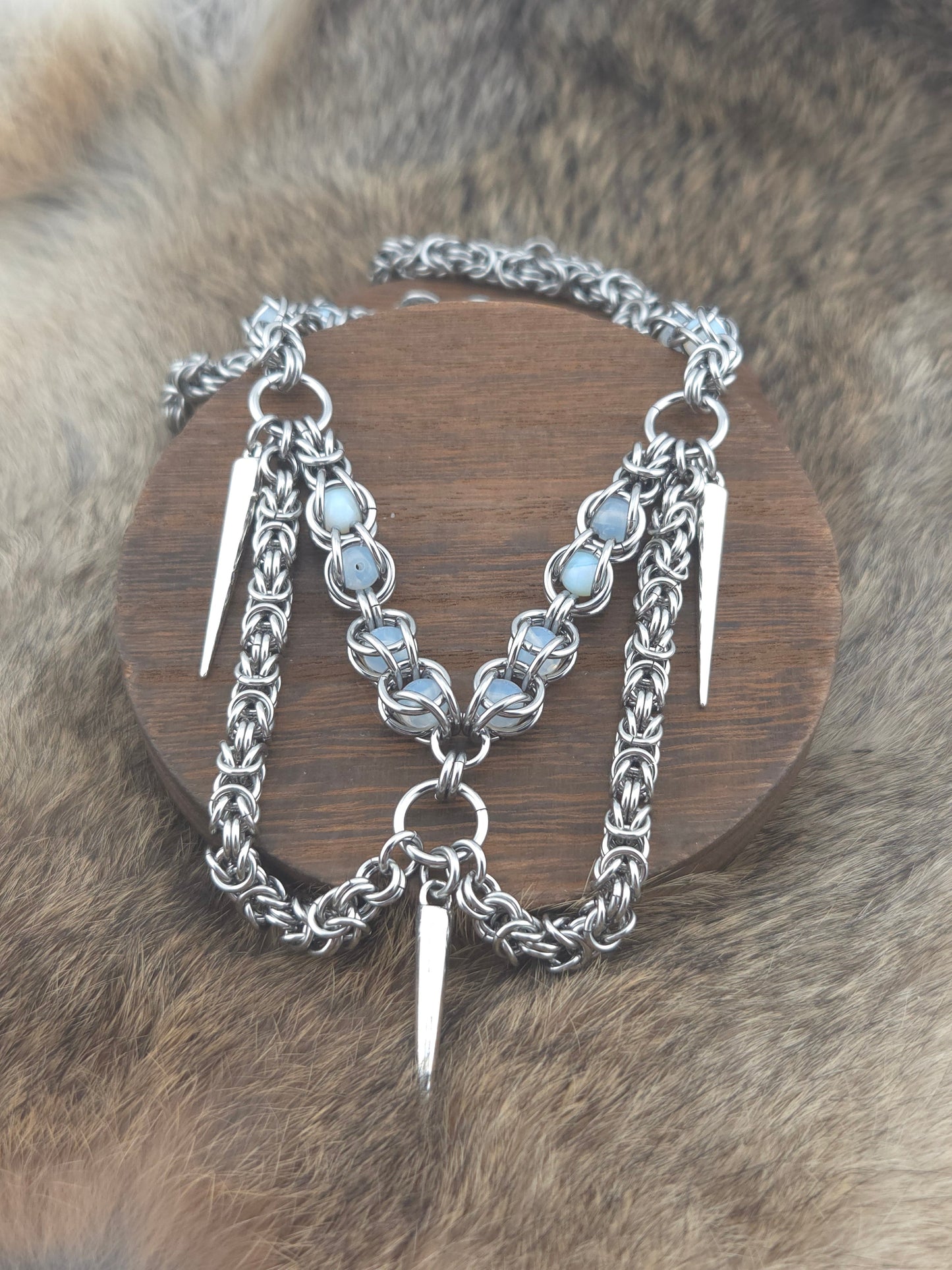 22" Stainless Steel Byzantine Chainmail Necklace with Captured Opaline Beads and Steel Spikes Foxweave Studios