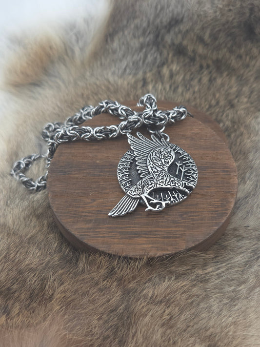 Raven Pendant on a 22" Stainless Steel and Black Glass Titanium Byzantine Chainmail Necklace Foxweave Studios