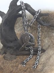 Raven Pendant on a 22" Stainless Steel and Black Glass Titanium Byzantine Chainmail Necklace