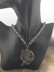 Raven Pendant on a 22" Stainless Steel and Black Glass Titanium Byzantine Chainmail Necklace