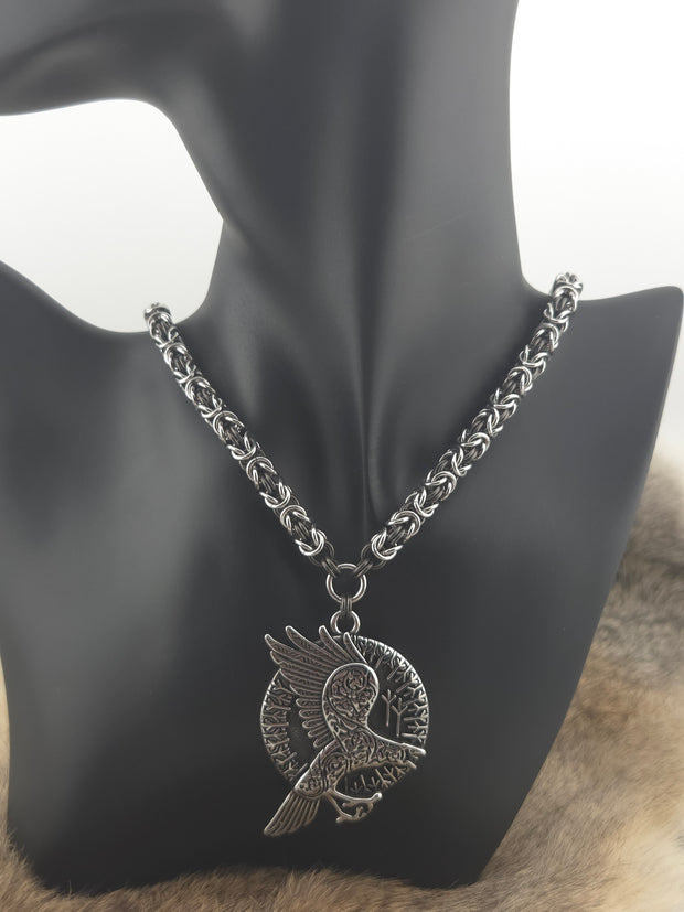 Raven Pendant on a 22" Stainless Steel and Black Glass Titanium Byzantine Chainmail Necklace