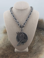 Raven Pendant on a 22" Stainless Steel and Black Glass Titanium Byzantine Chainmail Necklace
