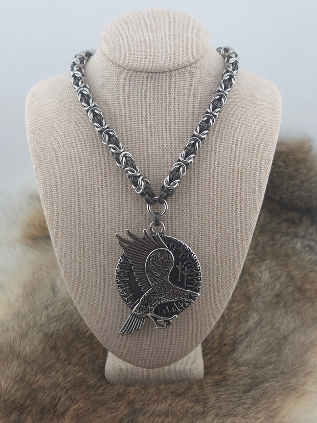 Raven Pendant on a 22" Stainless Steel and Black Glass Titanium Byzantine Chainmail Necklace