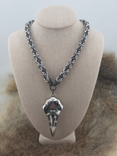 Raven Skull and Vegvisir Pendant on a 22" Stainless Steel and Black Glass Titanium Byzantine Chainmail Necklace