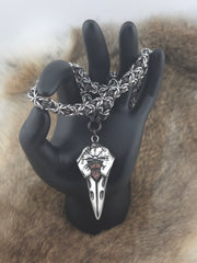 Raven Skull and Vegvisir Pendant on a 22" Stainless Steel and Black Glass Titanium Byzantine Chainmail Necklace