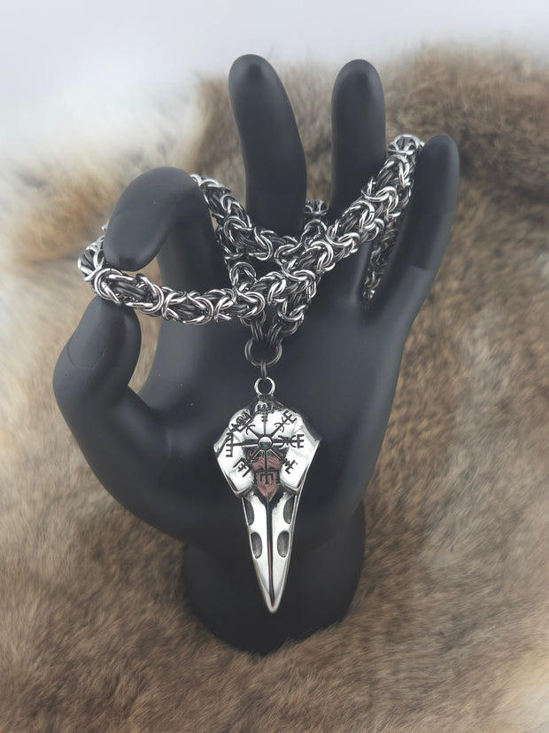 Raven Skull and Vegvisir Pendant on a 22" Stainless Steel and Black Glass Titanium Byzantine Chainmail Necklace