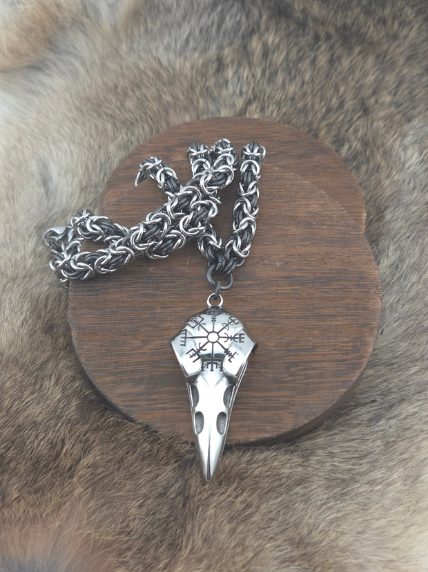 Raven Skull and Vegvisir Pendant on a 22" Stainless Steel and Black Glass Titanium Byzantine Chainmail Necklace