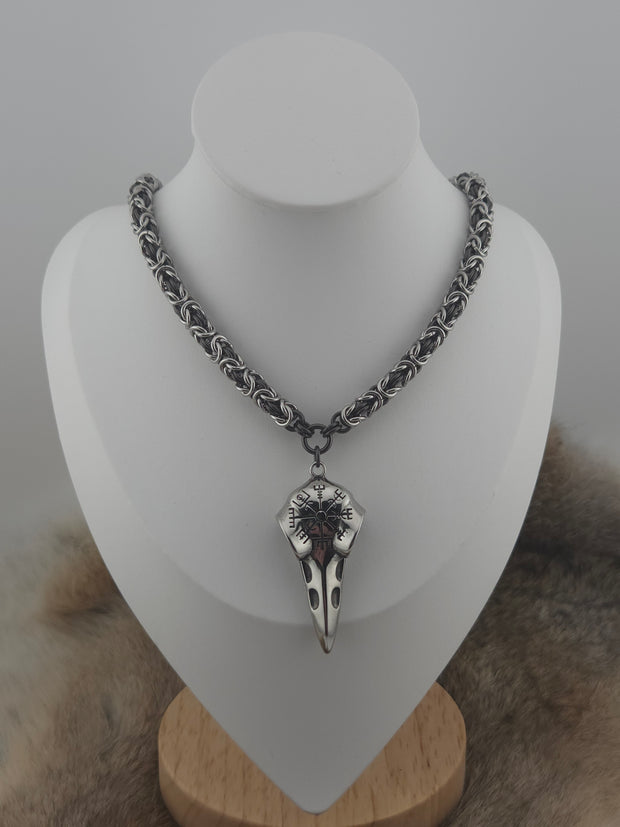 Raven Skull and Vegvisir Pendant on a 22" Stainless Steel and Black Glass Titanium Byzantine Chainmail Necklace
