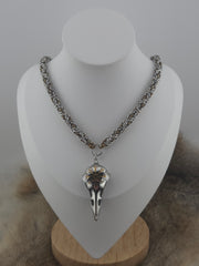 Raven Skull and Vegvisir Pendant on a 22" Stainless Steel and Coffee Bean Niobium Byzantine Chainmail Necklace