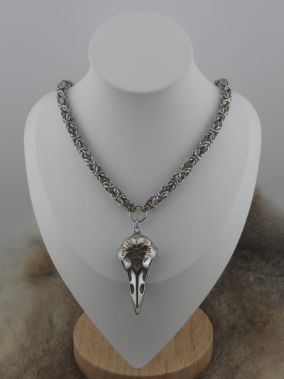 Raven Skull and Vegvisir Pendant on a 22" Stainless Steel and Coffee Bean Niobium Byzantine Chainmail Necklace