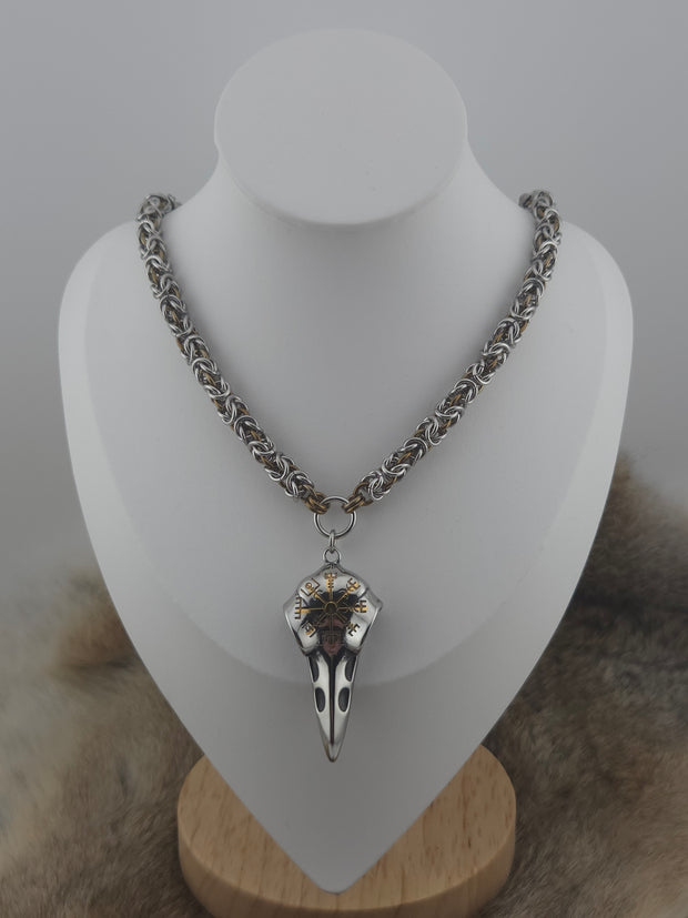 Raven Skull and Vegvisir Pendant on a 22" Stainless Steel and Coffee Bean Niobium Byzantine Chainmail Necklace