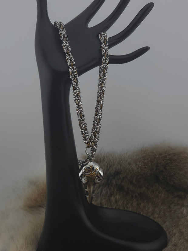 Raven Skull and Vegvisir Pendant on a 22" Stainless Steel and Coffee Bean Niobium Byzantine Chainmail Necklace