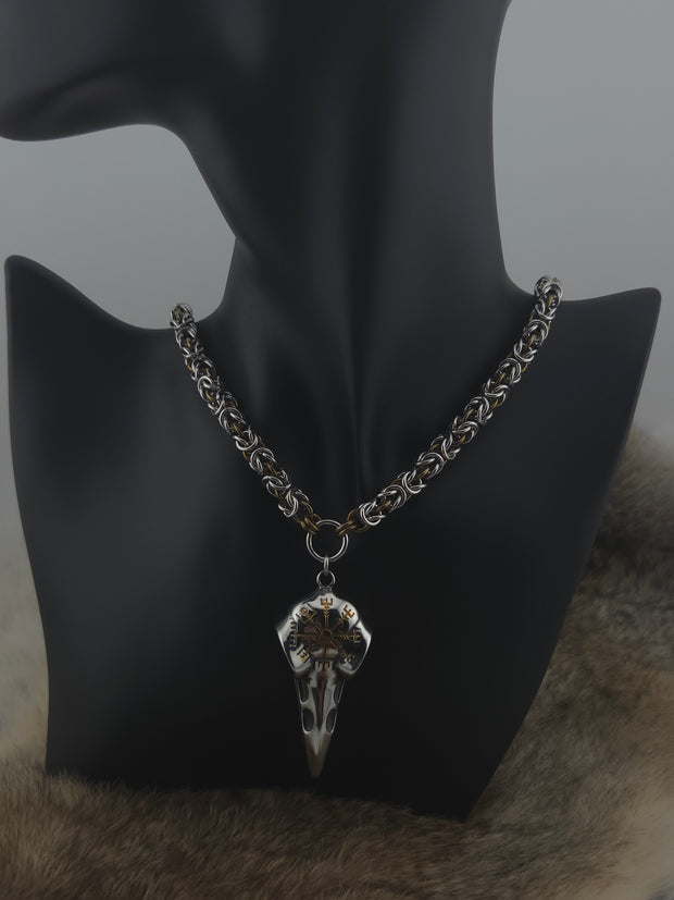 Raven Skull and Vegvisir Pendant on a 22" Stainless Steel and Coffee Bean Niobium Byzantine Chainmail Necklace