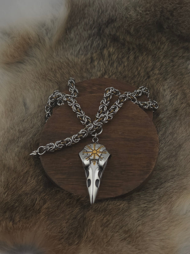 Raven Skull and Vegvisir Pendant on a 22" Stainless Steel and Coffee Bean Niobium Byzantine Chainmail Necklace