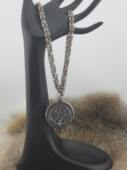 Raven Pendant on a 22" Stainless Steel and Coffee Bean Niobium Byzantine Chainmail Necklace