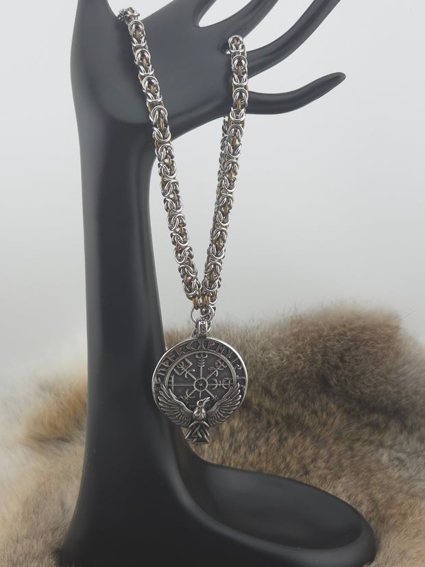 Raven Pendant on a 22" Stainless Steel and Coffee Bean Niobium Byzantine Chainmail Necklace