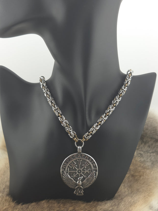 Raven Pendant on a 22" Stainless Steel and Coffee Bean Niobium Byzantine Chainmail Necklace