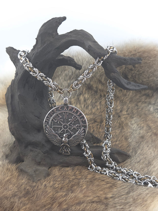 Raven Pendant on a 22" Stainless Steel and Coffee Bean Niobium Byzantine Chainmail Necklace