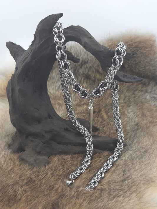 22" Stainless Steel Byzantine Chainmail Necklace with Captured Black Beads
