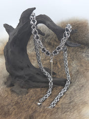 22" Stainless Steel Byzantine Chainmail Necklace with Captured Black Beads