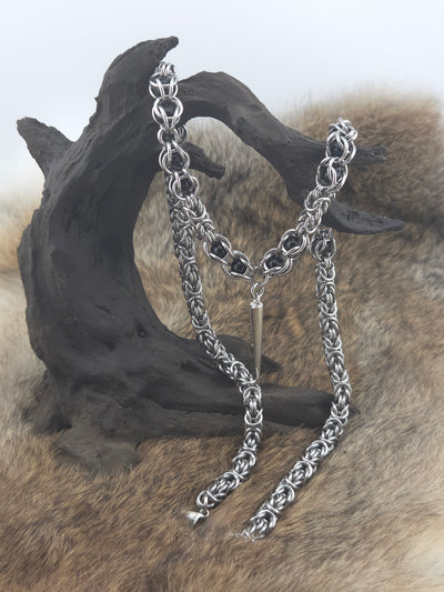 22" Stainless Steel Byzantine Chainmail Necklace with Captured Black Beads