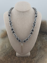 22" Stainless Steel Byzantine Chainmail Necklace with Captured Black Beads