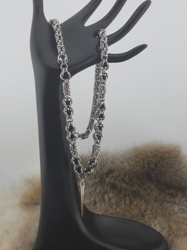 22" Stainless Steel Byzantine Chainmail Necklace with Captured Black Beads