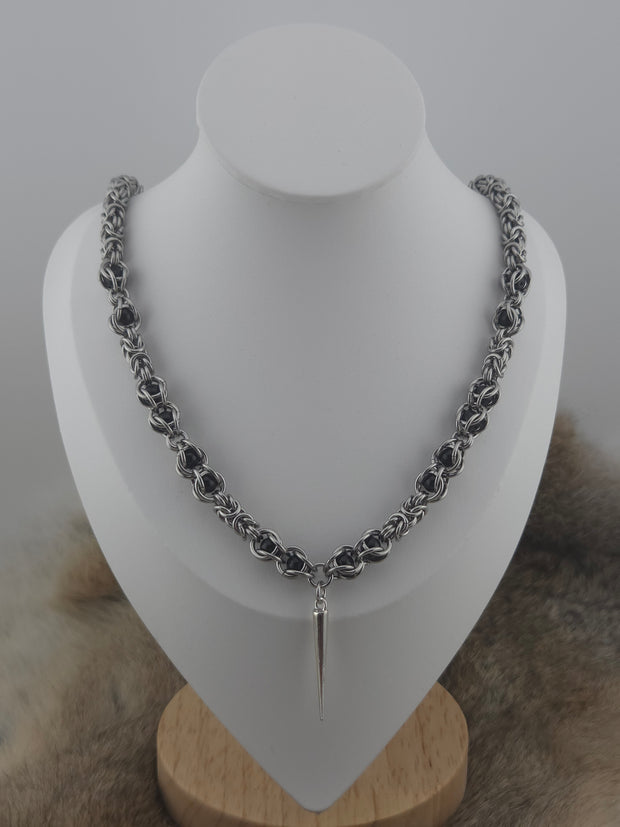 22" Stainless Steel Byzantine Chainmail Necklace with Captured Black Beads