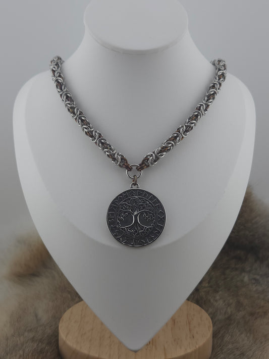 Tree of Life Pendant on a 22" Stainless Steel and Fudge Niobium Byzantine Chainmail Necklace