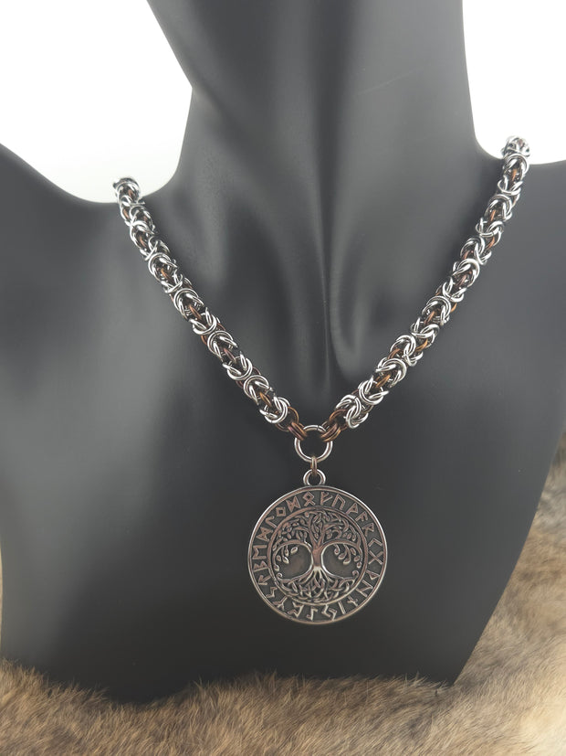 Tree of Life Pendant on a 22" Stainless Steel and Fudge Niobium Byzantine Chainmail Necklace