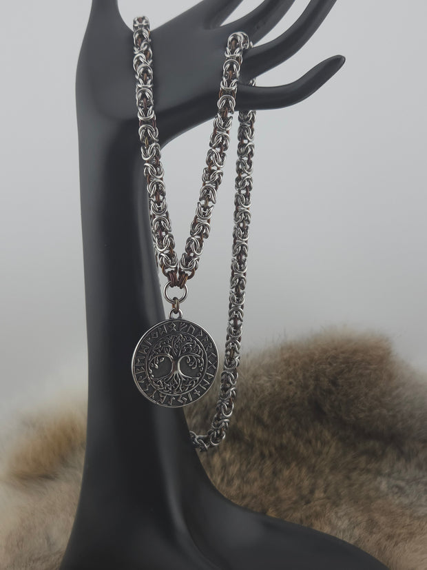 Tree of Life Pendant on a 22" Stainless Steel and Fudge Niobium Byzantine Chainmail Necklace